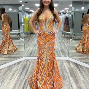 Jovani Orange/Silver Sequin Prom Gown